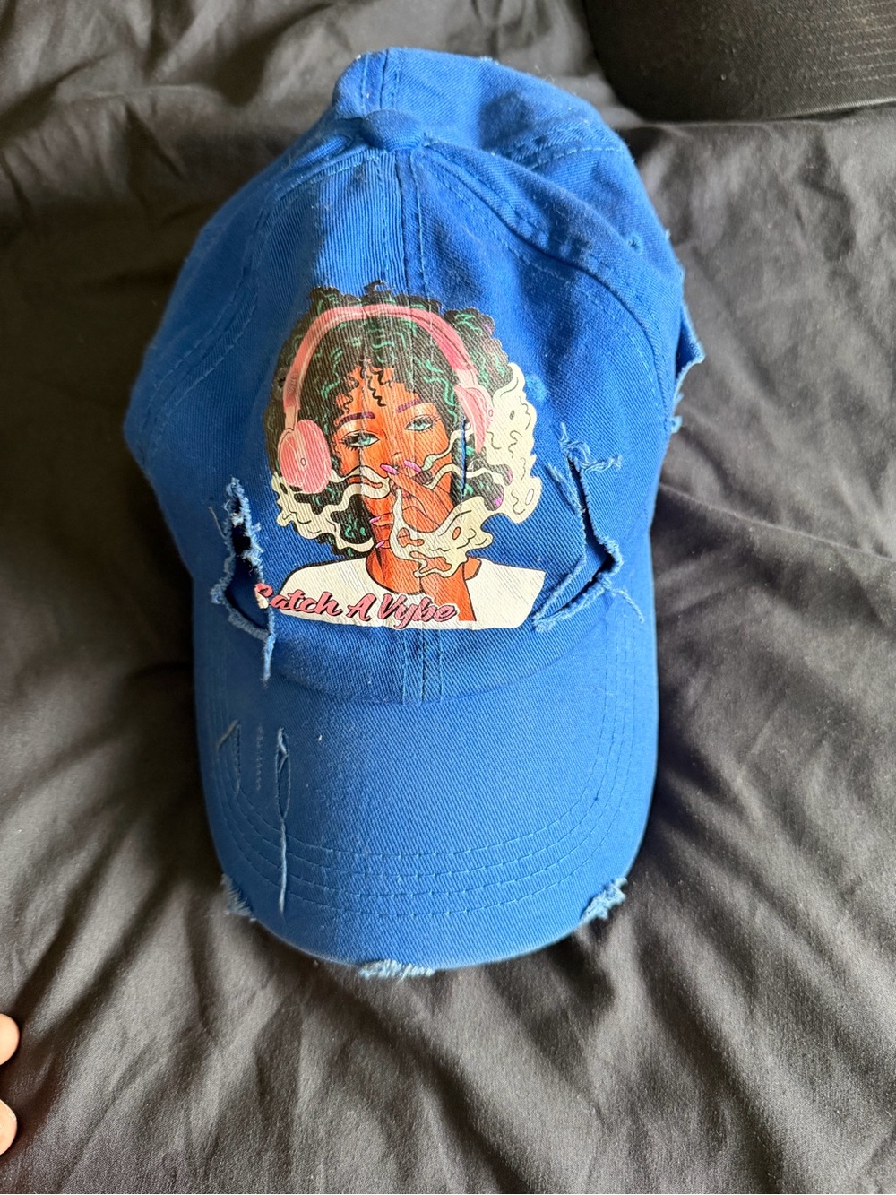 Blue Distressed Graphic Baseball Cap - 'Catch A Vibe'